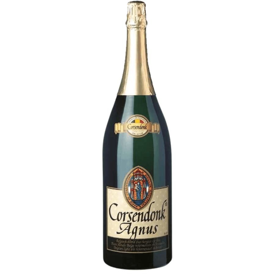 Eine Flasche Corsendonk Champagnerbier aus Belgien (1,5 l) mit einem dunkelblauen Etikett, auf dem der Markenname Corsendonk und ein buntes Wappen auf weißem Hintergrund zu sehen sind.
