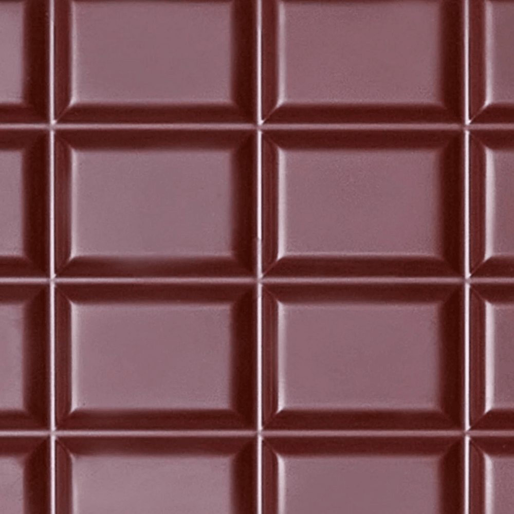 Eine Nahaufnahme einer Léonie Corentin Dunkle Schokolade 64 % mit Gittermuster. Die Tafel ist in quadratische Segmente unterteilt, jedes mit einer leicht erhöhten Kante und einer glatten Oberfläche, wodurch ein gleichmäßiges Schachbrettmuster entsteht. Die Farbe ist ein gleichmäßiges Dunkelbraun, typisch für exquisite dunkle Schokolade.