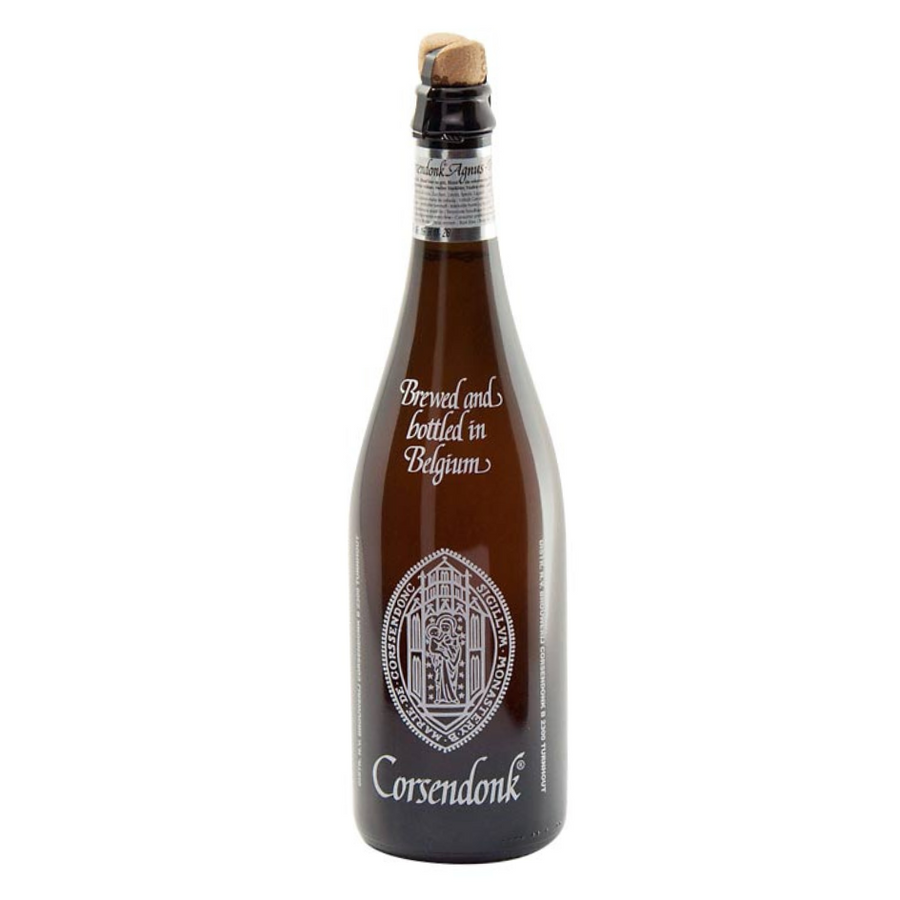 Eine Flasche Corsendonk Champagnerbier aus Belgien mit Korken, beschriftet als in Belgien gebraut und abgefüllt.