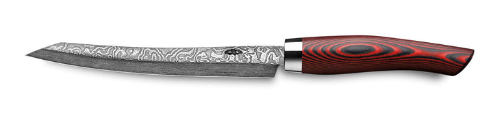 Ein Nesmuk Exklusiv C100 Slicer 160 mit einer gemusterten Klinge und einem rot-schwarz laminierten Griff.