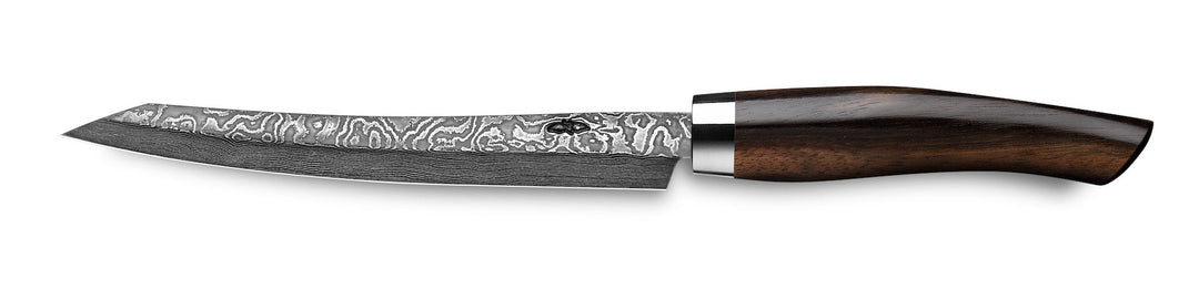 Nesmuk Exklusiv C100 Slicer 160 mit gebogener Klinge und Holzgriff, isoliert auf weißem Hintergrund.