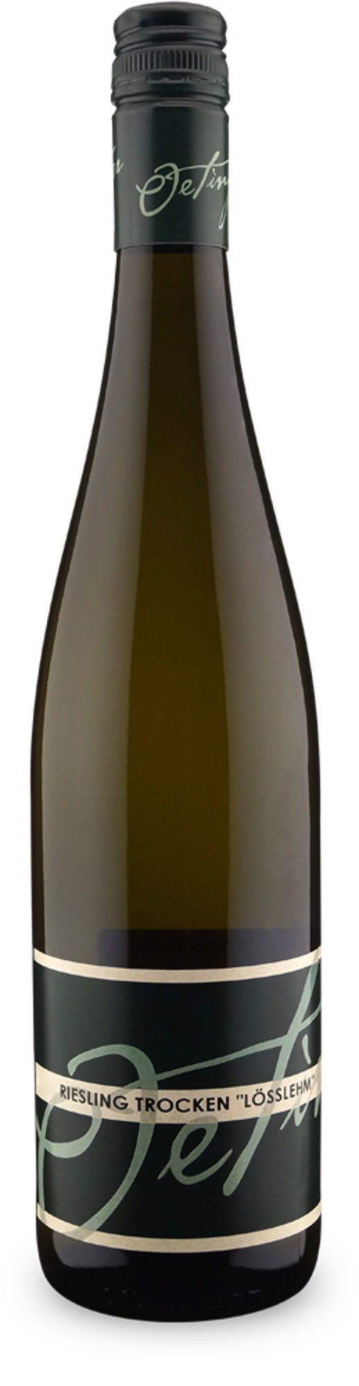 Eine Flasche Weißwein von Oetinger Riesling Lösslehm 2021 mit dunklem Etikett und Verschluss, isoliert auf weißem Hintergrund.