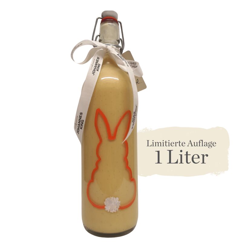 Eine Ein-Liter-Flasche Senf „Kings Liebelei – Osteredition“ mit Hasenmotiv auf dem Etikett der Sylter Manufaktur Johannes King in der limitierten Edition.