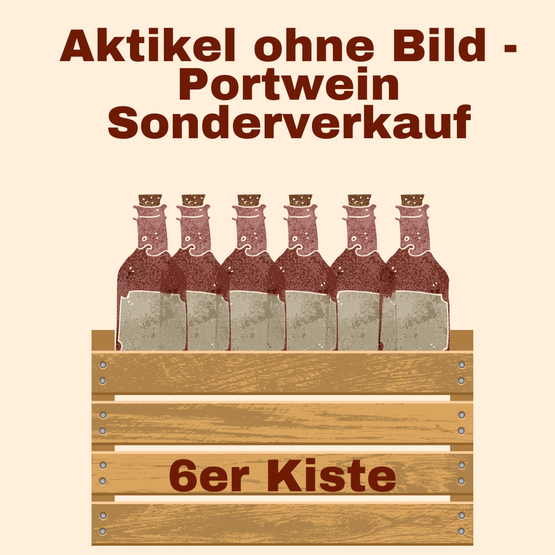 Eine deutschsprachige Anzeige, die sechs Flaschen Niepoort Vintage (100 Punkte) 2017 – 6er Kiste auf einem Holzregal zeigt, mit dem Text „aktikel ohne Bild – 6er ohne Sonderverkauf“, was suggeriert, dass das Produkt ohne dazugehöriges Bild verkauft wird.