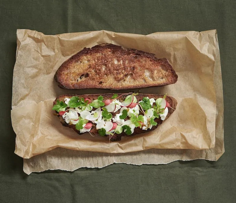 Röstbrotscheibe mit Radieschen, Giersch und Gundermann