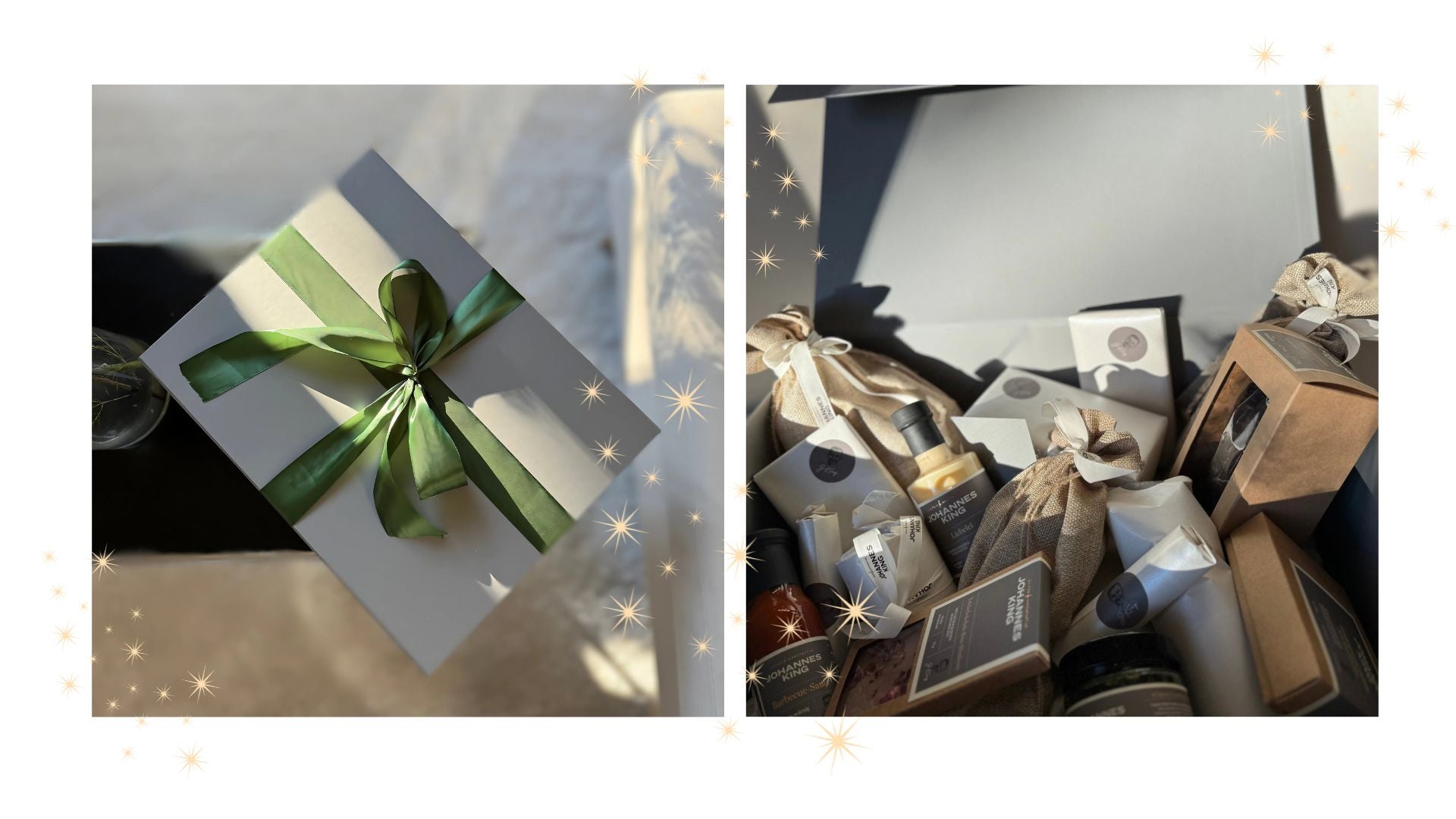 Links ist ein weißer Geschenkkarton mit grüner Schleife abgebildet; rechts ist der Karton geöffnet und gibt den Blick auf verschiedene, fein säuberlich angeordnete Hautpflege- und Selbstversorgungsprodukte frei.