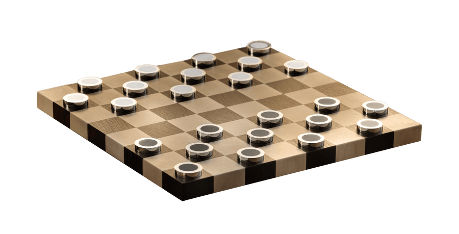 Damespiel aus Silber von Robbe & Berking, 24 versilberte Spielsteine auf einem Damebrett aus Ahorn und Wengé