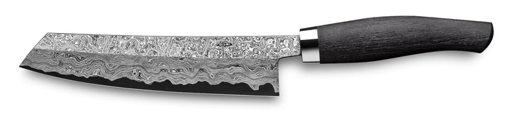 Ein Nesmuk Exklusiv C150 Kochmesser 180 Messer mit gemusterter Klinge und dunklem Holzgriff auf weißem Hintergrund.