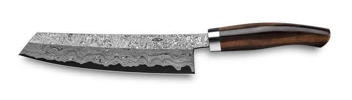 Ein Nesmuk Exklusiv C150 Kochmesser aus 180 Damaststahl mit gebogener Klinge und Holzgriff auf weißem Hintergrund.