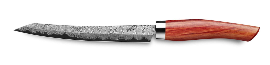 Ein Nesmuk Exklusiv C150 Slicer 160 mit poliertem Holzgriff isoliert auf weißem Hintergrund.