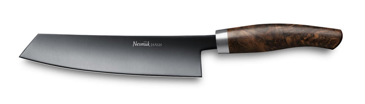 Ein Nesmuk Janus Kochmesser 180 mit schwarzer DLC-beschichteter Klinge und poliertem Holzgriff vor weißem Hintergrund.