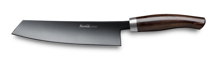 Ersatz: Ein Nesmuk Janus Kochmesser 180 aus Edelstahl mit dunklem Holzgriff und DLC-Beschichtung, isoliert auf weißem Hintergrund.
