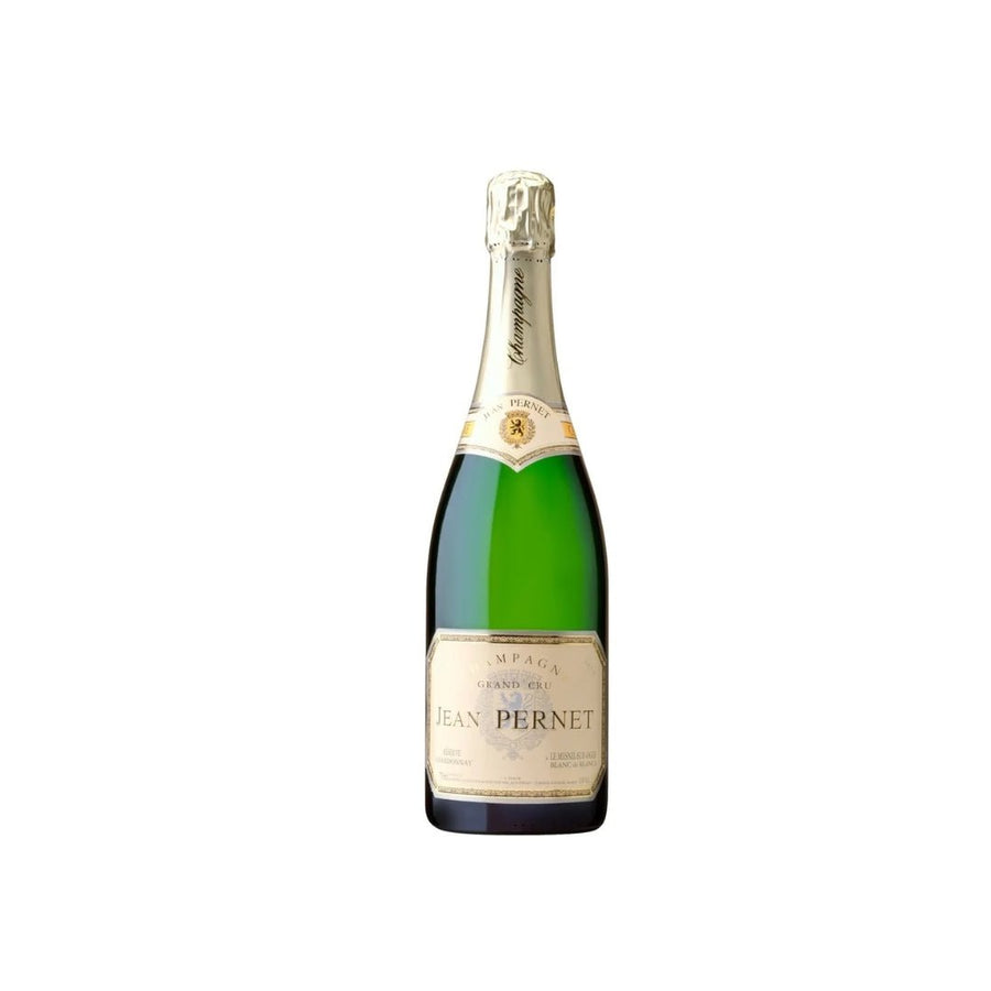 Eine Flasche Jean Pernet Brut Réserve Grand Cru Chardonnay Champagner isoliert auf weißem Hintergrund.