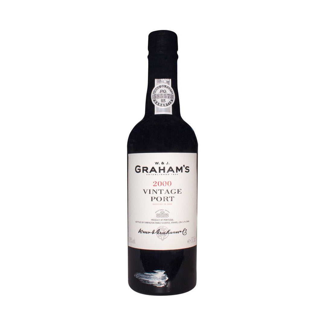 Eine Flasche Graham's Vintage 2000 0,75l Portwein vor weißem Hintergrund.