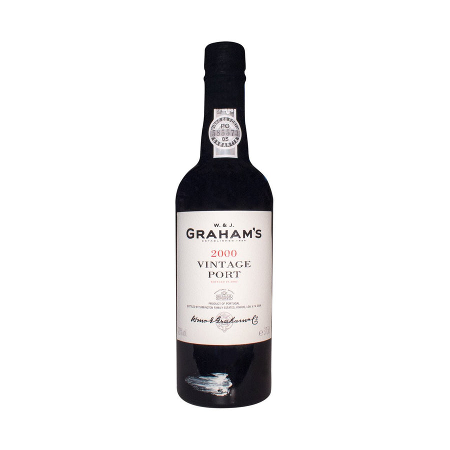 Eine Flasche Graham's Vintage 2000 0,75l Portwein vor weißem Hintergrund.