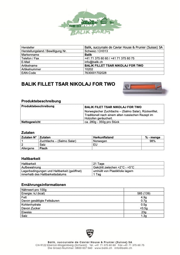 Das Bild zeigt ein Datenblatt von Caviar House Prunier für „Balik Fillet Tsar Nikolaj für zwei“ mit Angaben wie Artikelnummer, EAN-Code und Maßangaben.