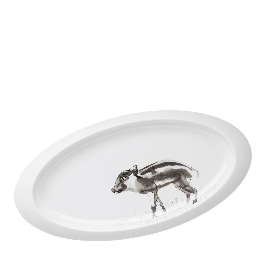 Frischling ovale Platte mit einer Darstellung einer Kuh auf ihrer Oberfläche, hergestellt aus Hering Berlin Biskuitporzellan.