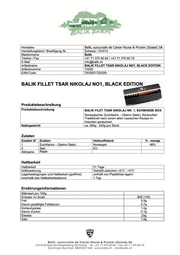 Das Bild zeigt ein Produktspezifikationsblatt für das Balik Filet Tsar Nikolaj N° 1 *Black Edition*, 450 Gramm Kaviar, hergestellt von Caviar House Prunier.