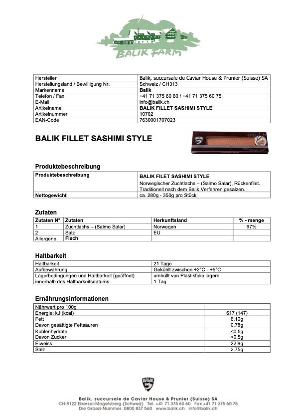 Dies ist ein Produktspezifikationsblatt für das Fischfilet „Balik Filet Sashimi Style, 350 Gramm“, hergestellt von Caviar House Prunier. Das Blatt liefert detaillierte Informationen