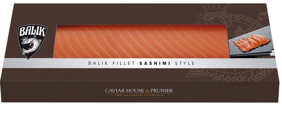 Ein Werbebild für das „Balik Fillet Sashimi Style, 350 Gramm“ vom Kaviarhaus Prunier, gestaltet für Feinschmecker und Sushi-Liebhaber.