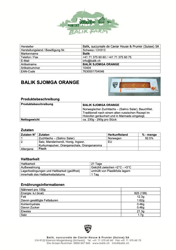 Dieses Bild zeigt ein Produktspezifikationsblatt für Balik Sjomga Orange, eine Art geräucherter Lachs. Das Dokument enthält detaillierte Informationen wie Hersteller, Produktname, Balik Sjomga Orange, 280 Gramm von Caviar House Prunier.