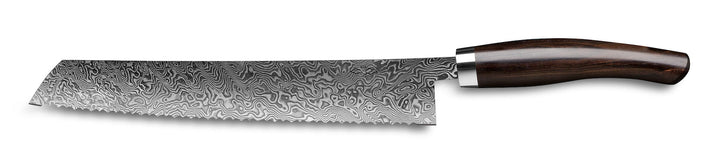 Ein Küchenmesser aus Nesmuk-Damaststahl mit einem Wellenmuster auf der Klinge und einem dunklen Holzgriff.