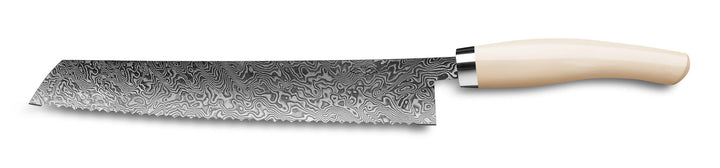 Nesmuk Exklusiv C90 Brotmesser 270 Küchenmesser mit gemusterter Klinge und elfenbeinfarbenem Griff isoliert auf weißem Hintergrund.