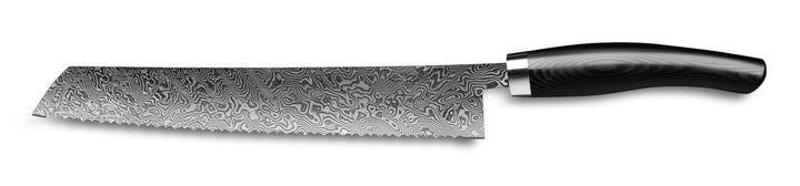 Ein Nesmuk Exklusiv C90 Brotmesser 270 mit gemusterter Klinge und schwarzem ergonomischem Griff isoliert auf weißem Hintergrund.