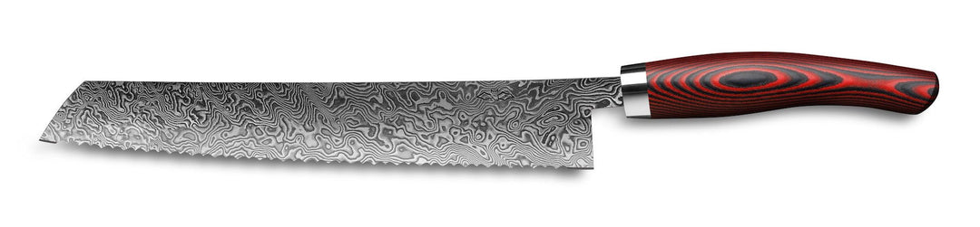 Ein Küchenmesser aus Nesmuk-Damaststahl mit einem Wellenmuster auf der Klinge und einem Griff aus rot-schwarzem Schichtholz.