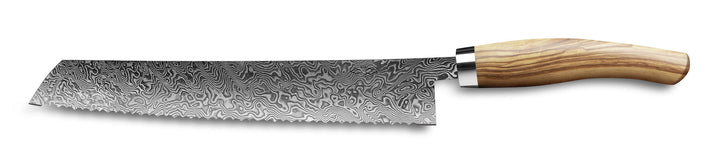 Ein Nesmuk Exklusiv C90 Brotmesser 270 Küchenmesser mit gemusterter Klinge und Holzgriff isoliert auf weißem Hintergrund.