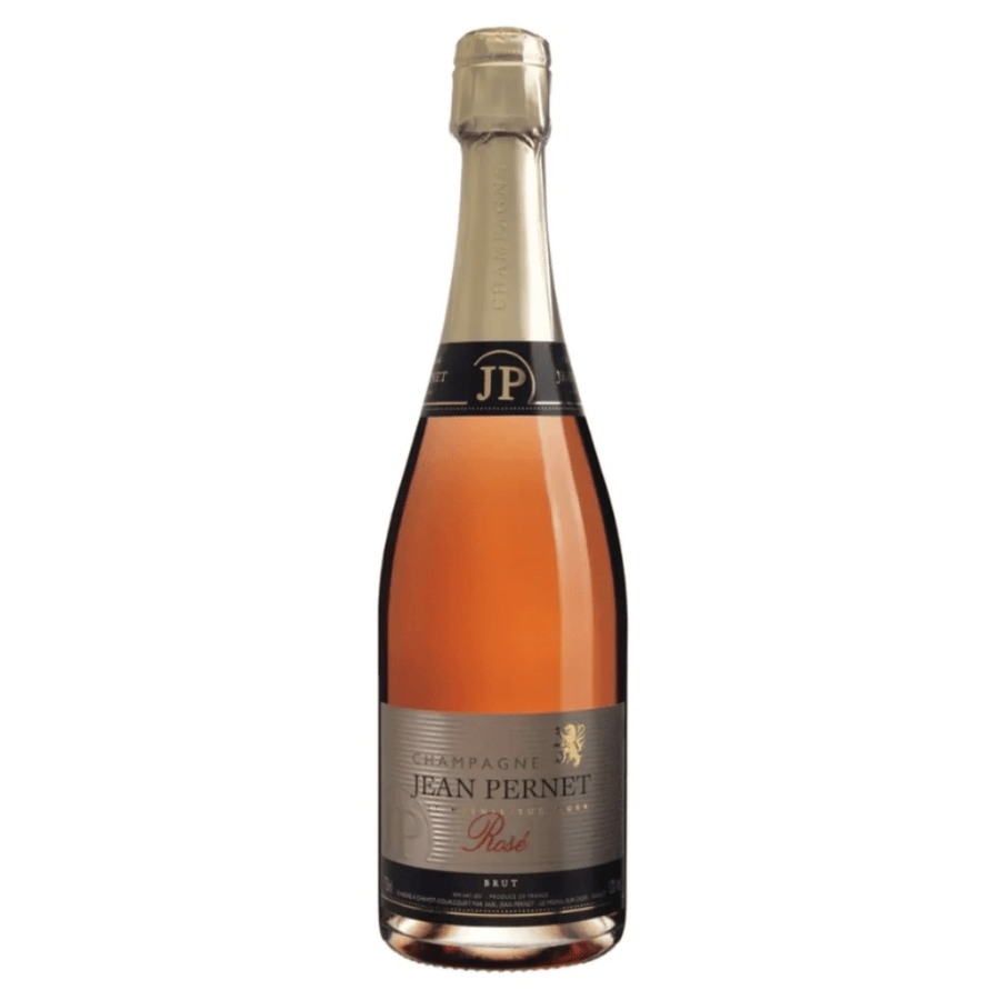Eine Flasche Champagner Jean Pernet Rose Brut mit einem Verschluss aus Goldfolie und einem Etikett, auf dem die Marke und die Art des Champagners angegeben sind.