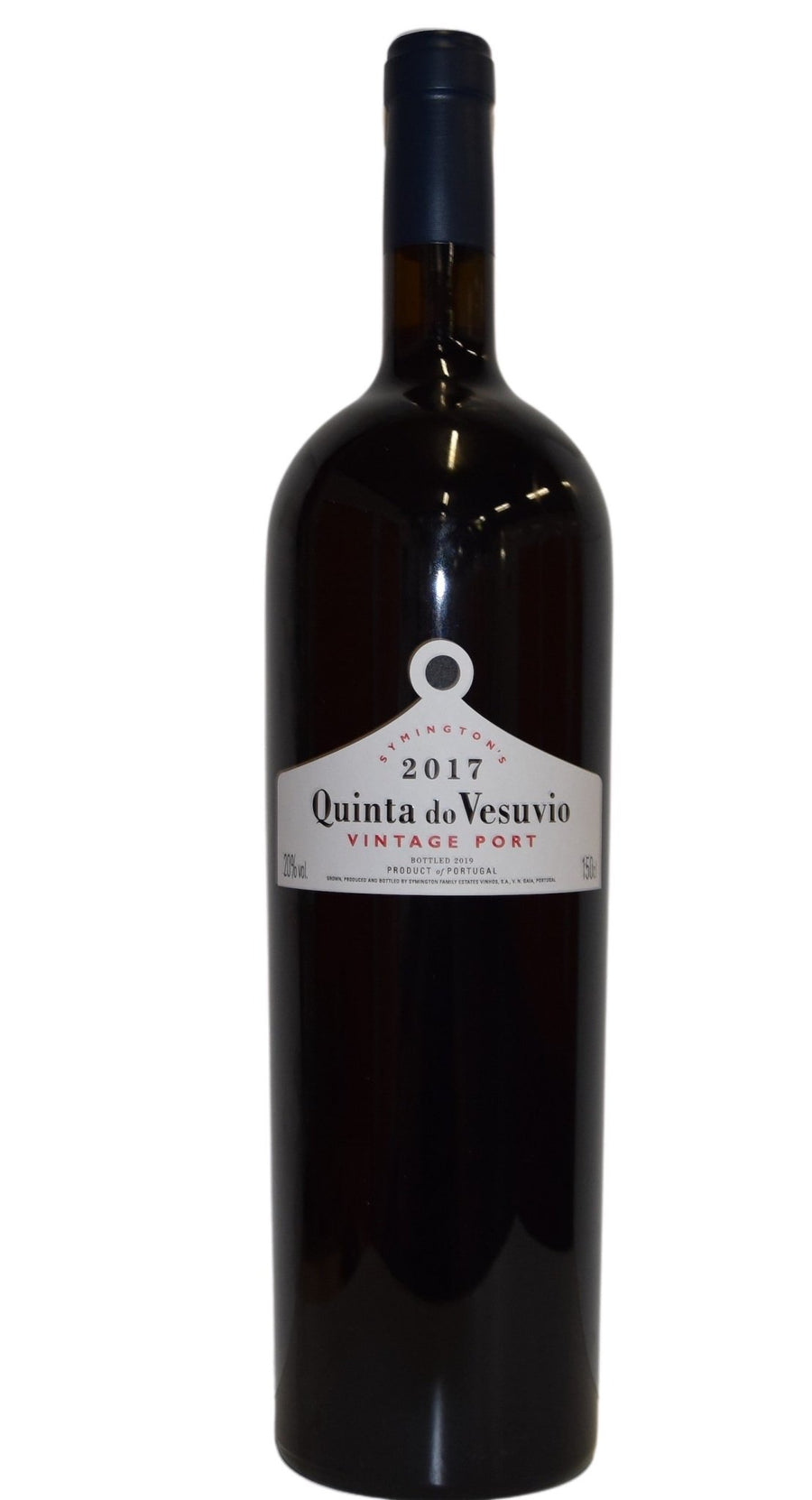 Eine Flasche Quinta do Vesuvio Magnum Vintage 2017 1,5l Portwein mit weißem Etikett vor weißem Hintergrund.