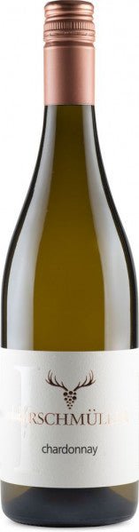 Eine Flasche Chardonnay 2022 mit der Aufschrift „Hirschmüller“ auf weißem Hintergrund.