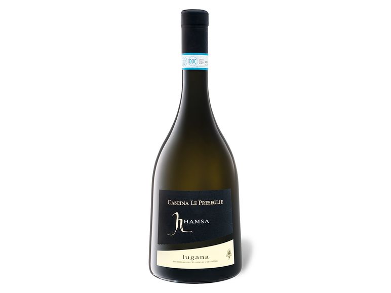 Eine Flasche Weißwein Lugana HAMSA 2022 von Domaine Mourchon, mit einem dunklen Etikett mit unverwechselbarem Branding und Typografie, isoliert auf weißem Hintergrund.