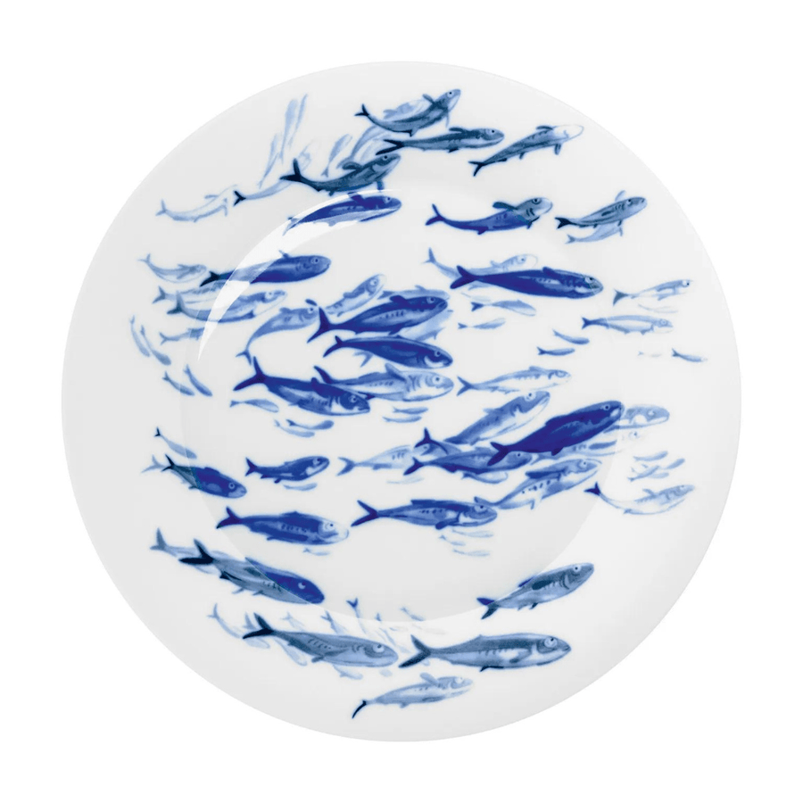 Ein weißer Hering Berlin Platzteller, Essteller groß Ocean Heringsschwarm Teller mit blauen Abbildungen von Fischen.