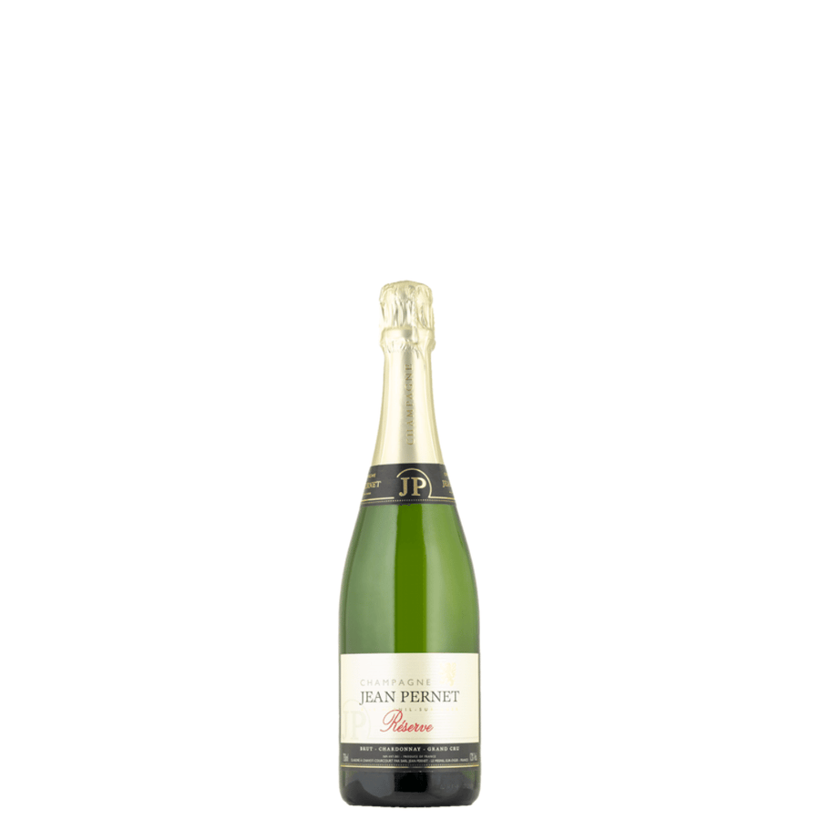 Eine Flasche Champagner Jean Pernet 0,375l vor weißem Hintergrund.