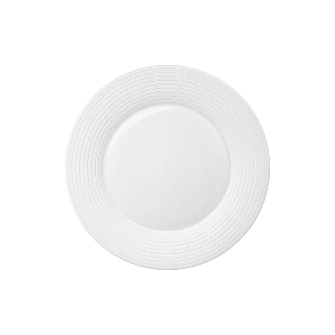 Ein leerer weißer Hering Berlin Frühstücksteller Pulse Teller mit strukturiertem Rand auf weißem Hintergrund.