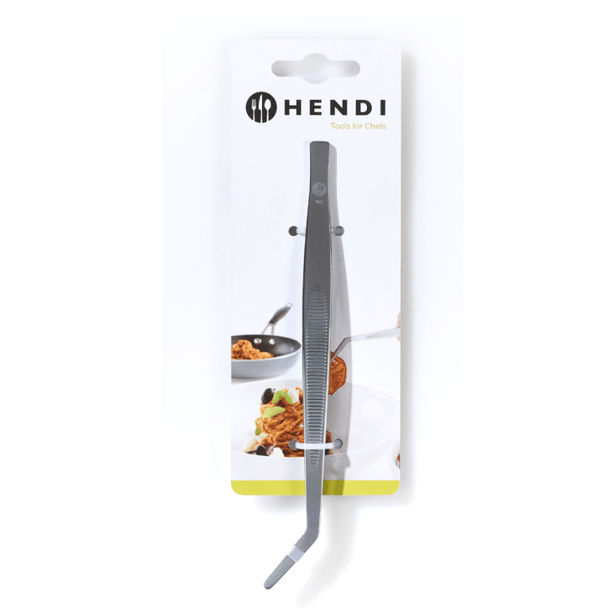 Kochpinzette von Hendi, eine Mini-Pinzette für Köche, präsentiert in einer Verpackung mit einem Lebensmittelbild auf der Einlage.