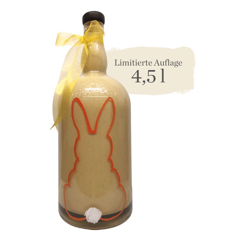 Eine 4,5-Liter-Flasche „Sylter Manufaktur Johannes King Kings Liebelei – Osteredition“ mit Hasensilhouette-Design und dekorativer gelber Schleife.
