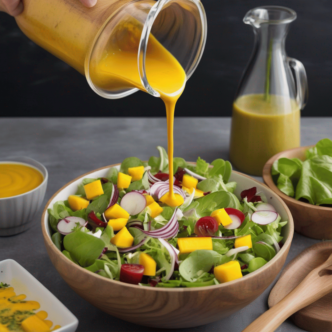 Goldene Sylter Manufaktur Mango-Chili-Vinaigrette über einen frischen gemischten Salat mit Blattgemüse, Mangowürfeln, roten Zwiebelringen und Kirschtomaten gießen.