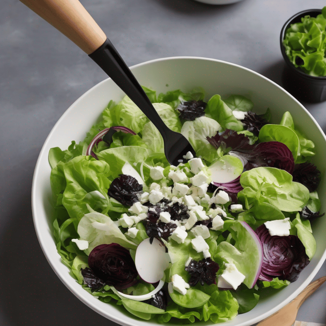 Ein frischer grüner Salat mit Blattsalat, geschnittenen roten Zwiebeln, zerbröckeltem Käse und Rüben, serviert in einer weißen Schüssel mit schwarzem Servierbesteck, angemacht mit Sylter Manufaktur Balsamico-Vinaigrette.