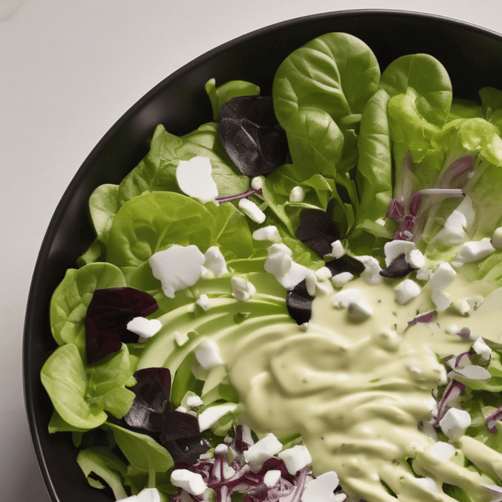 Eine Schüssel gemischter Salat, garniert mit cremigem Dressing, zerbröckeltem Käse und Balsamico-Vinaigrette der Sylter Manufaktur.