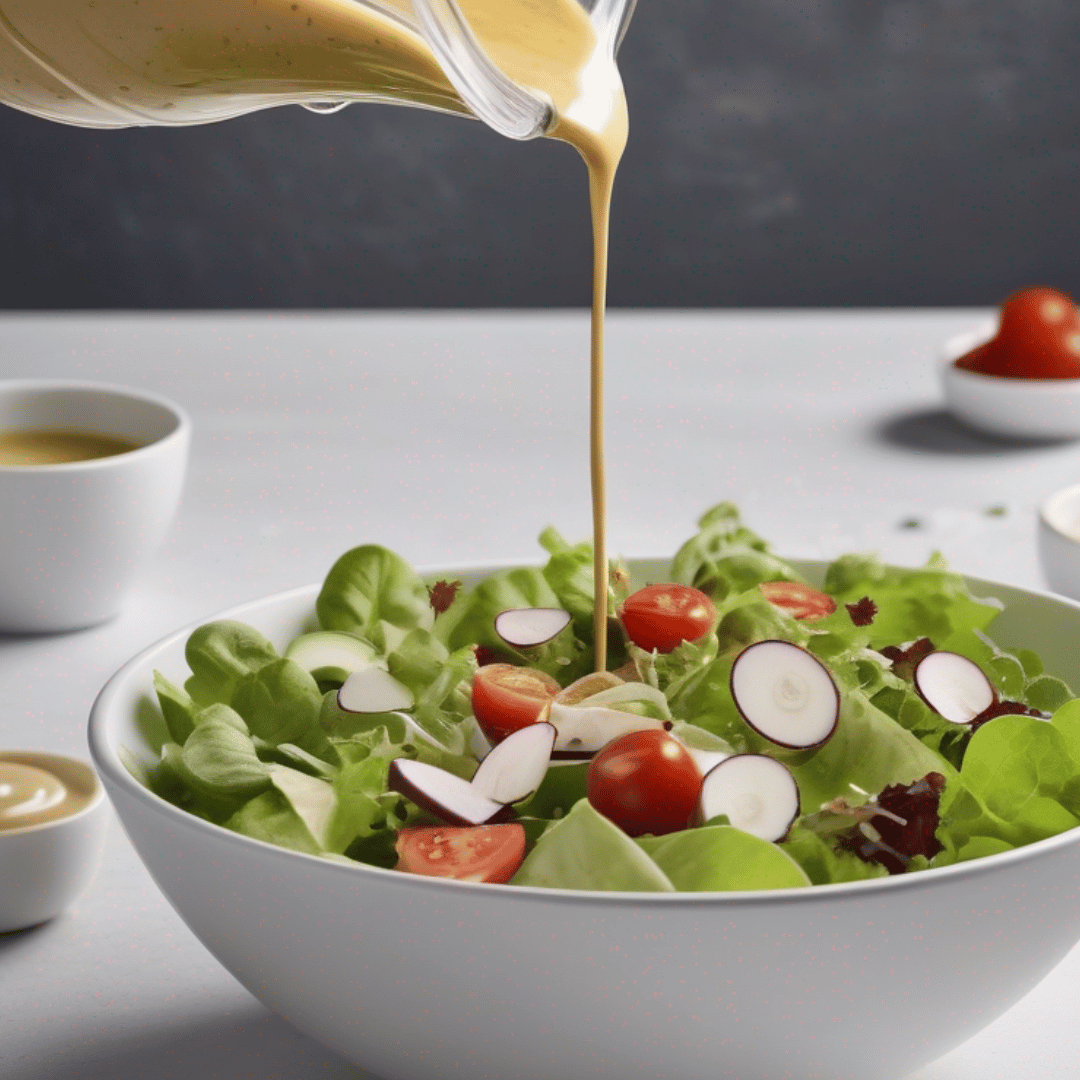Dressing auf einen frischen gemischten Salat mit Tomaten- und Radieschenscheiben in einer weißen Schüssel gießen, garniert mit Sylter Manufaktur Balsamico-Vinaigrette.
