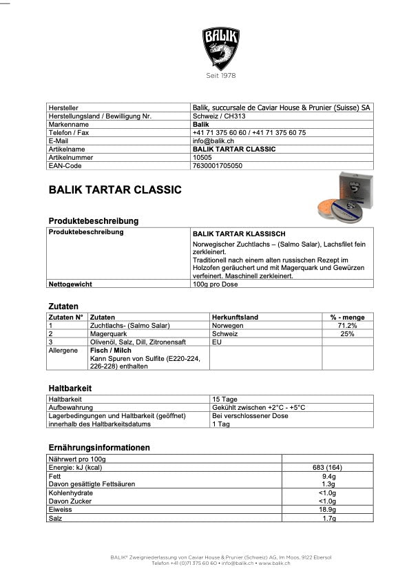 Das Bild zeigt ein Datenblatt für ein Produkt, insbesondere einen Caviar House Prunier Balik Tartar – klassischen Häcksler für einen Grubber und eine Pflanzmaschine, mit detaillierten Informationen, darunter Hersteller, Produktnummer und technische Daten.