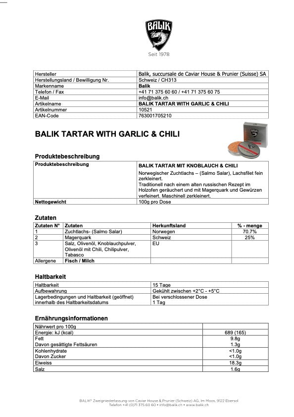 Das Bild zeigt ein Produktinformationsblatt für Caviar House Prunier Balik Tartar Knoblauch & Chili, das Details zur Produktbeschreibung, Zutaten, Nährwerte, Lagerungshinweise und Kontaktinformationen enthält.