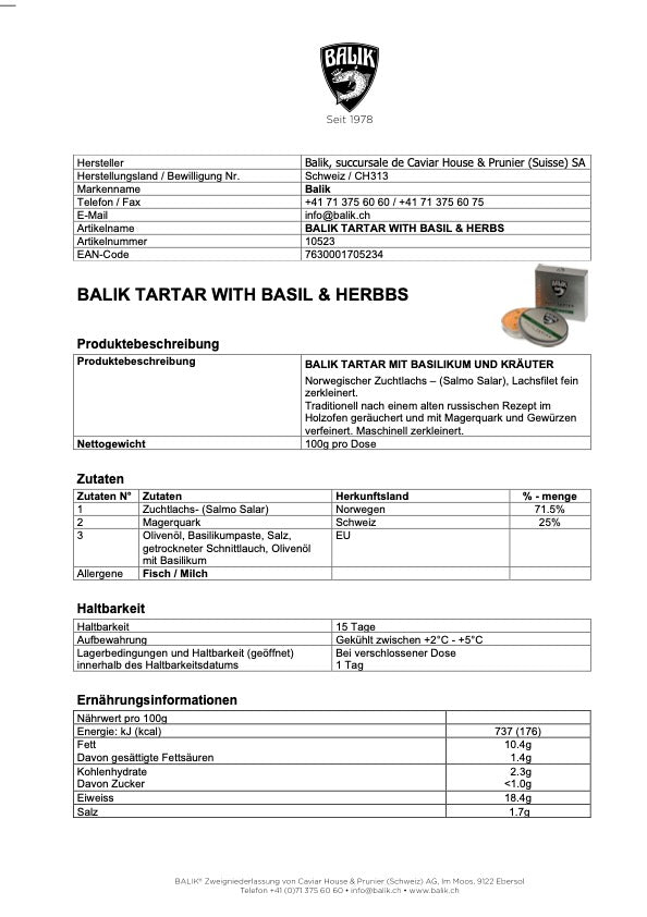 Dies ist ein Produktdatenblatt für „Balik Tartar – Basilikum & Kräuter“ des Kaviarhauses Prunier, inspiriert von der mediterranen Küche. Es enthält detaillierte Informationen.