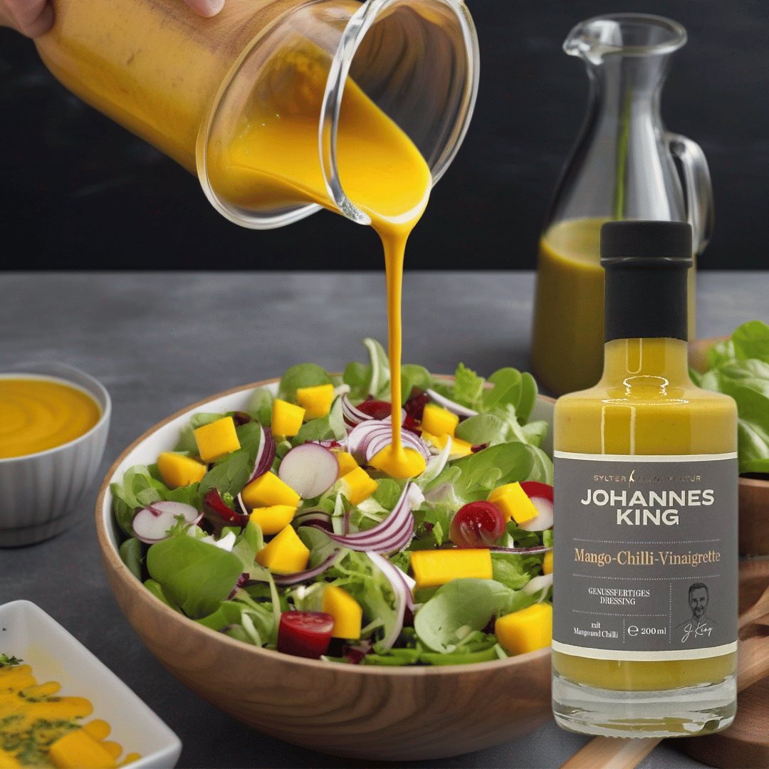In einer Holzschale wird Mango-Vinaigrette auf einen frischen Salat mit verschiedenen Gemüsesorten gegossen, daneben ist eine Flasche Vinaigrette-Quartett der Sylter Manufaktur Johannes King zu sehen.