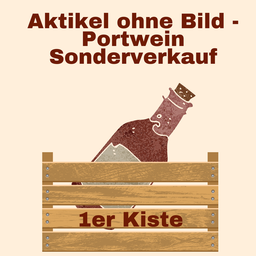 Eine Grafik einer Holzkiste mit einer Flaschensilhouette auf beigem Hintergrund, begleitet von einem deutschen Text, der übersetzt „Graham’s ohne Bild – Sonderverkauf“ bedeutet.